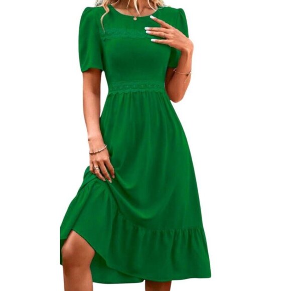 Women's Puff Sleeve Midi Dress Green Lace Insert Ruffle Hem Sz Medium 6 - Picture 16 of 16